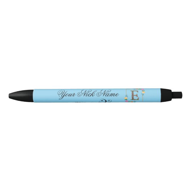 Elegant Floral Initial E Black Ink Pen (Front)