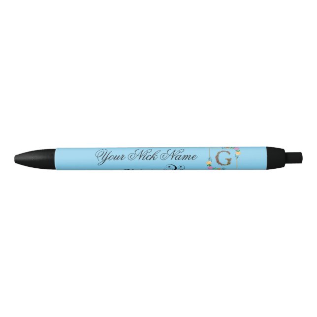 Elegant Floral Initial G Black Ink Pen (Front)