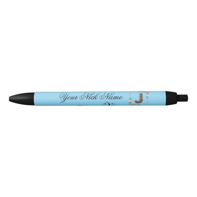 Elegant Floral Initial J Black Ink Pen (Front)
