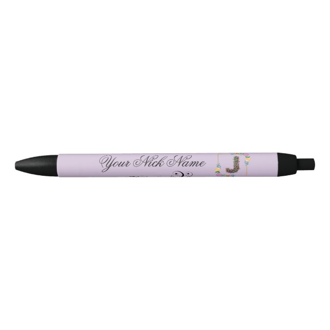 Elegant Floral Initial J Black Ink Pen (Front)