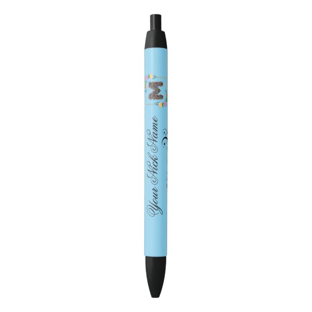 Elegant Floral Initial M Black Ink Pen (Front Vertical)