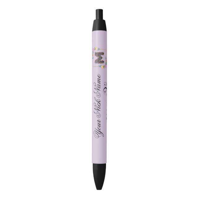 Elegant Floral Initial M Black Ink Pen (Front Vertical)