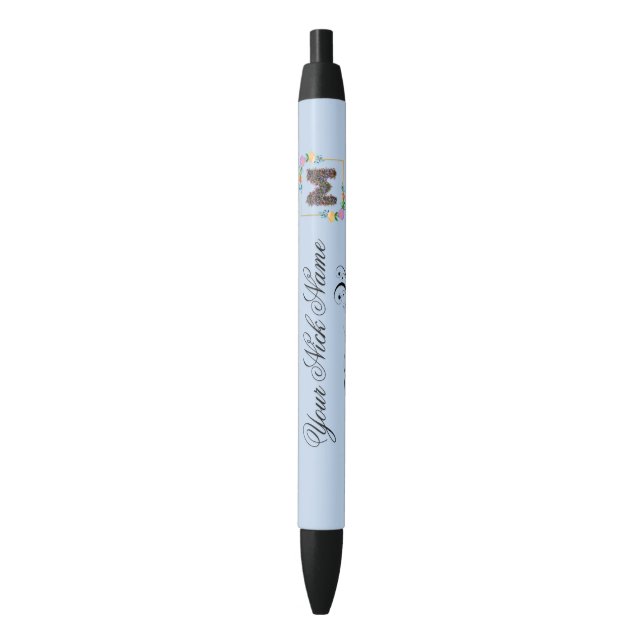 Elegant Floral Initial M Black Ink Pen (Front Vertical)