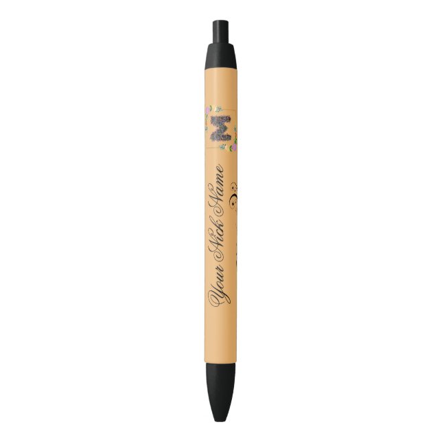 Elegant Floral Initial M Black Ink Pen (Front Vertical)