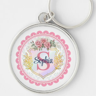 Elegant Floral Initial & Name Monogram Key Ring