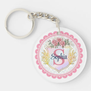 Elegant Floral Initial & Name Monogram Key Ring