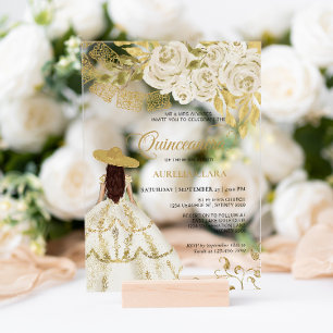 Elegant Floral Ivory Gold Charra Quinceañera Acrylic Invitations