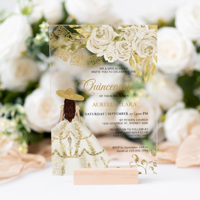 Elegant Floral Ivory Gold Charra Quinceañera Acrylic Invitations (Creator Uploaded)