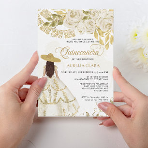 Elegant Floral Ivory Gold Horse Quinceañera Invitation