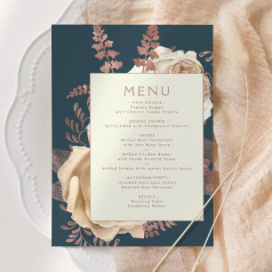Elegant Floral Ivory Rose Gold Teal Wedding Menu