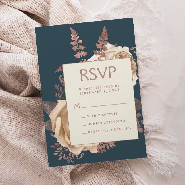 Elegant Floral Ivory Rose Gold Teal Wedding RSVP Enclosure Card (Creator Uploaded)