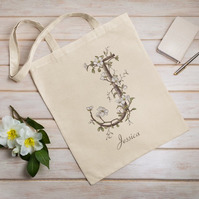 Elegant Floral 'J' Botanical Monogram Custom Name Tote Bag (Creator Uploaded)