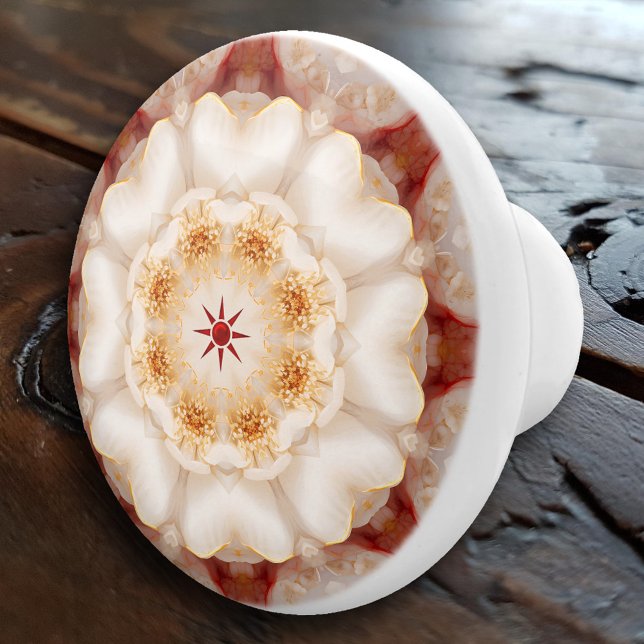 Elegant Floral Kaleidoscope Mandala  Ceramic Knob (Elegant drawer knob featuring a floral mandala or kaleidoscope created from an original rose flower )