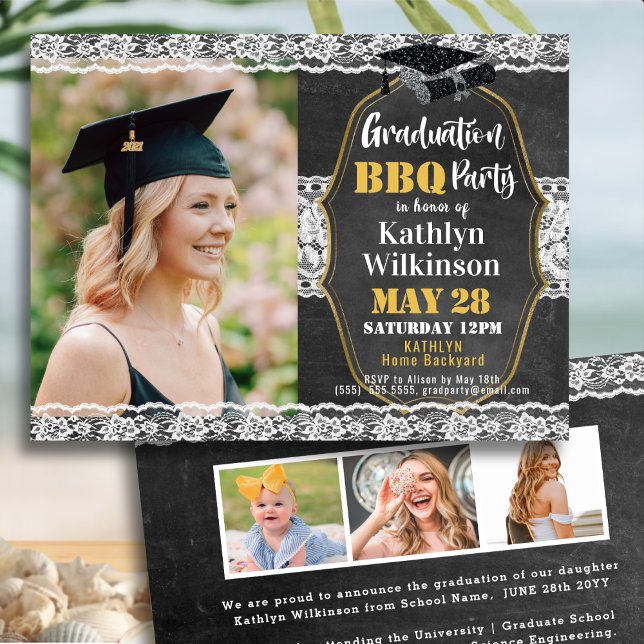 Elegant Floral Lace 4 Photo Graduation BBQ Party Invitation (Creator Uploaded)