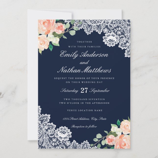 Elegant Floral Lace Navy Peach Wedding Invitation (Front)