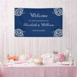Elegant Floral Lace on Navy Blue Wedding Banner