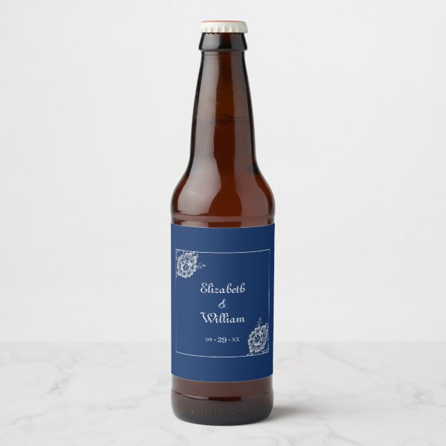 Elegant Floral Lace on Navy Blue Wedding Beer Bottle Label (Front)