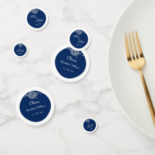 Elegant Floral Lace on Navy Blue Wedding Confetti