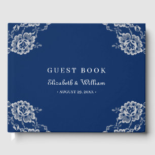 Elegant Floral Lace on Navy Blue Wedding Guest Book