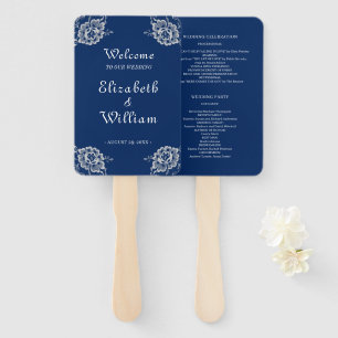Elegant Floral Lace on Navy Blue Wedding Hand Fan