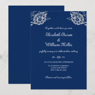 Elegant Floral Lace on Navy Blue Wedding Invitation