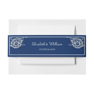 Elegant Floral Lace on Navy Blue Wedding Invitation Belly Band