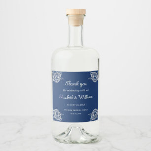 Elegant Floral Lace on Navy Blue Wedding Liquor Bottle Label
