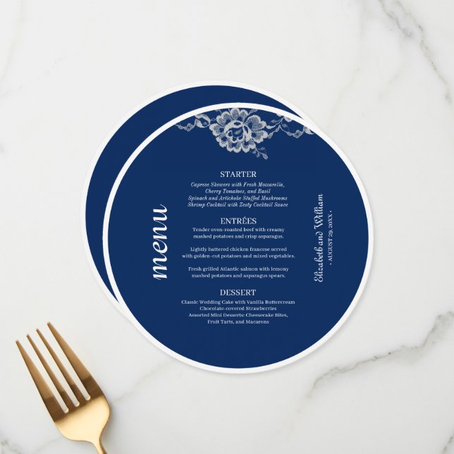 Elegant Floral Lace on Navy Blue Wedding Menu (Front/Back In Situ)