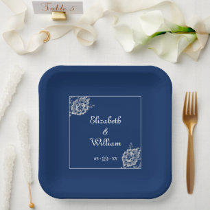 Elegant Floral Lace on Navy Blue Wedding Paper Plate