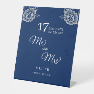 Elegant Floral Lace on Navy Blue Wedding Pedestal Sign
