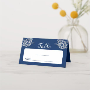 Elegant Floral Lace on Navy Blue Wedding Place Card