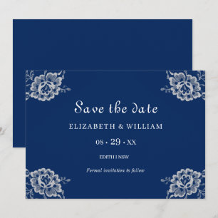 Elegant Floral Lace on Navy Blue Wedding Save The Date