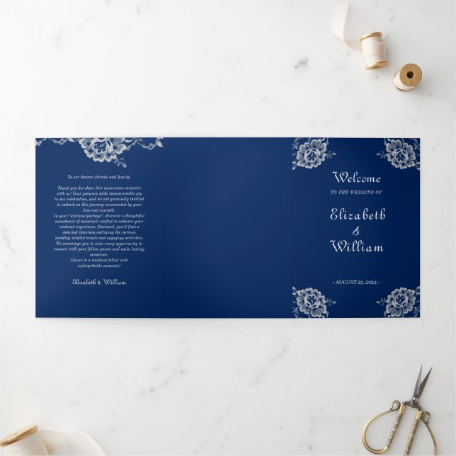 Elegant Floral Lace on Navy Blue Wedding Tri-Fold Programme (Outside)
