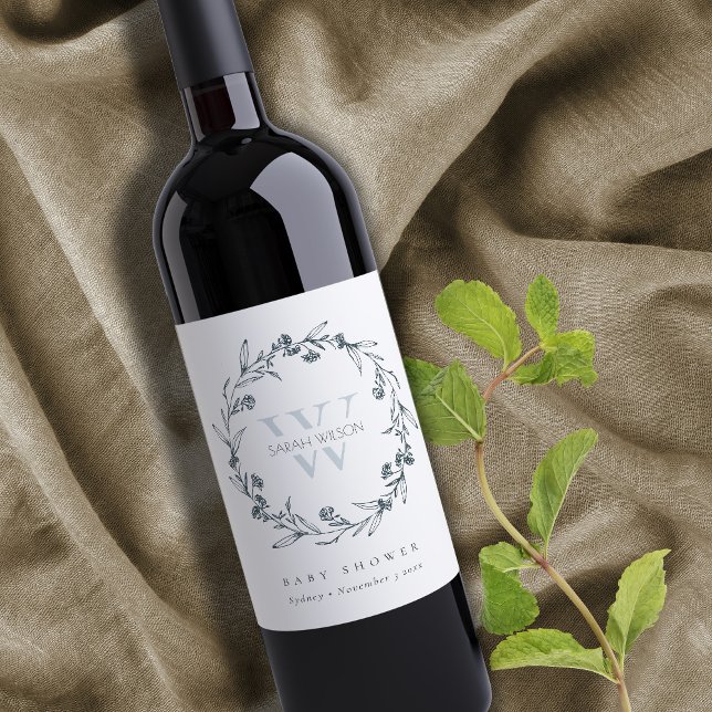 Elegant Floral Laurel Wreath Monogram Baby Shower Wine Label (Creator Uploaded)
