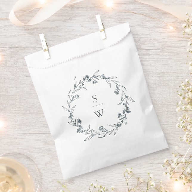 Elegant Floral Laurel Wreath Monogram Wedding Favour Bags (Clipped)