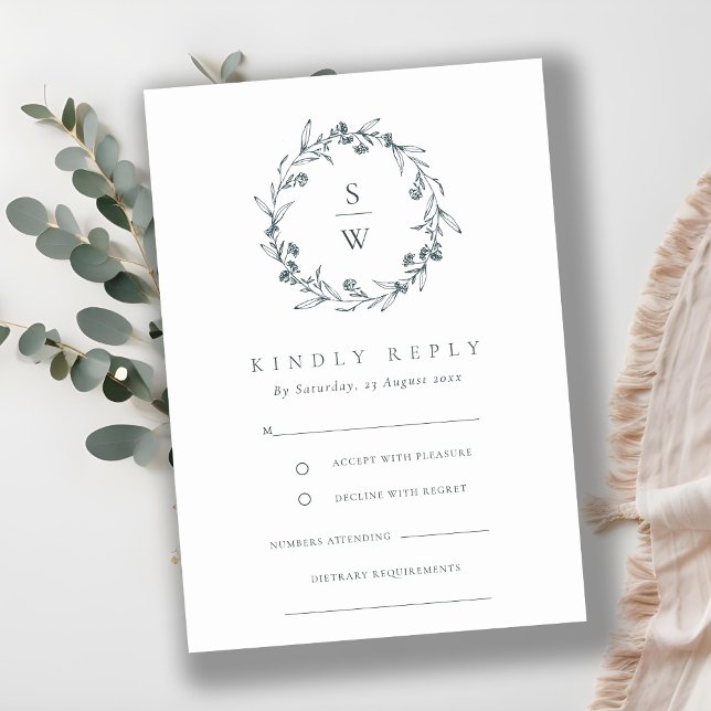 Elegant Floral Laurel Wreath Monogram Wedding RSVP Enclosure Card (Creator Uploaded)