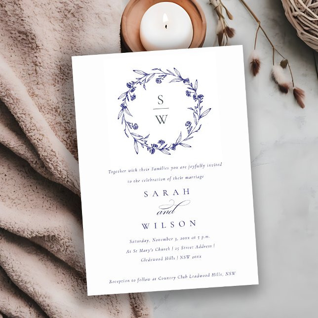 Elegant Floral Laurel Wreath Navy Blue Wedding Invitation (Creator Uploaded)
