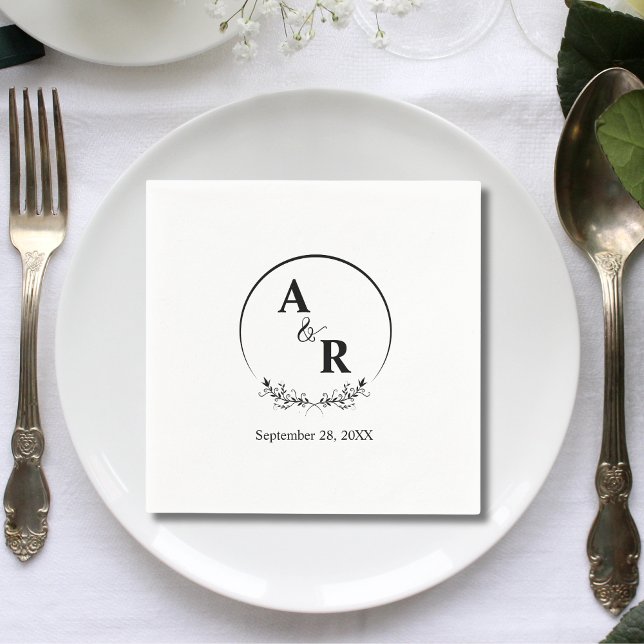 Elegant Floral Laurel Wreath Wedding Initials Napkin (Elegant floral laurel wreath initials napkins add timeless charm to your wedding table)