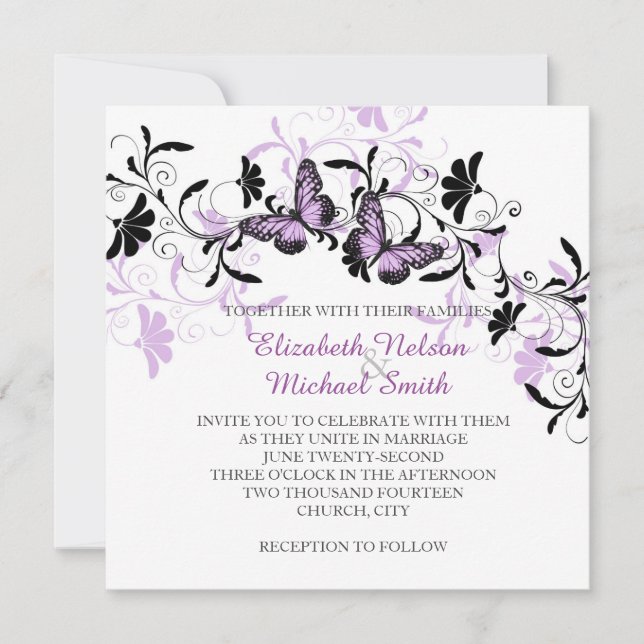 Elegant Floral Lavender Butterfly Wedding Invite (Front)