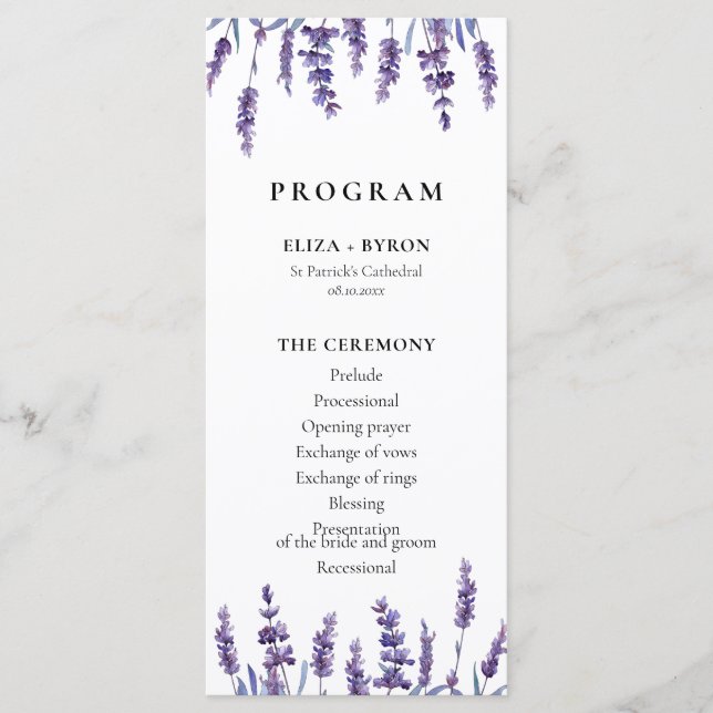 Elegant floral lavender double sided wedding programme (Front)