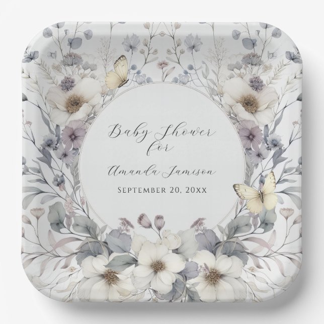 Elegant Floral Lavender n White Baby Girl Shower Paper Plate (Front)
