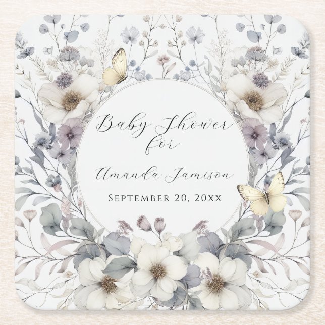 Elegant Floral Lavender n White Girl Baby Shower Square Paper Coaster (Front)