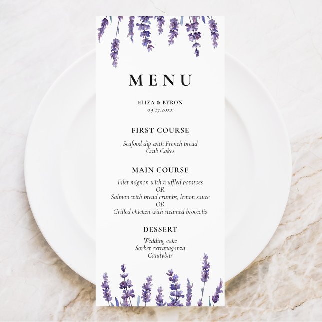 Elegant floral lavender wedding menu (Creator Uploaded)