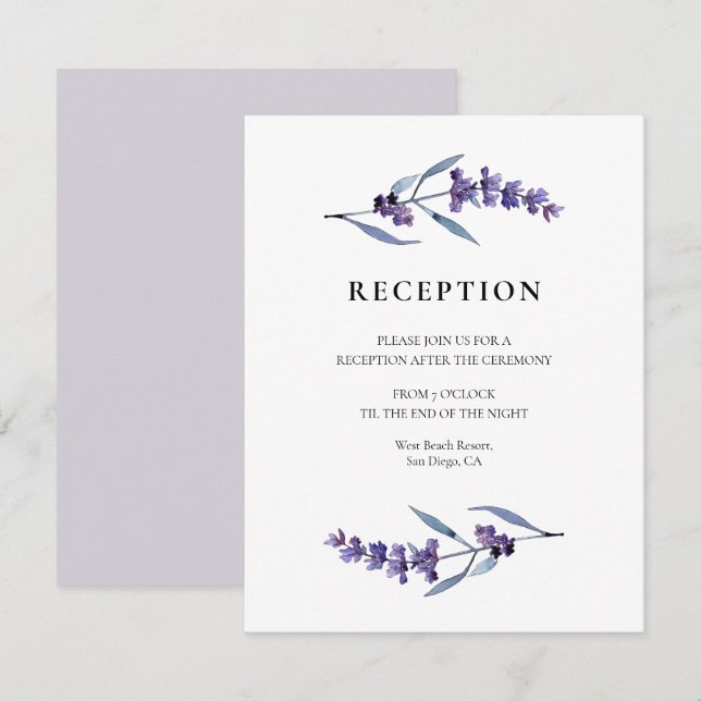Elegant floral lavender wedding reception card (Front/Back)