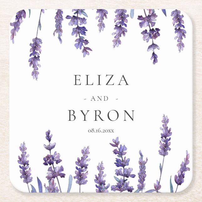 Elegant floral lavender wedding square paper coaster (Front)