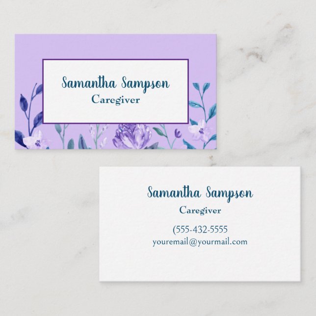 Elegant Floral Lavender White Watercolor Caregiver Business Card (Front/Back)