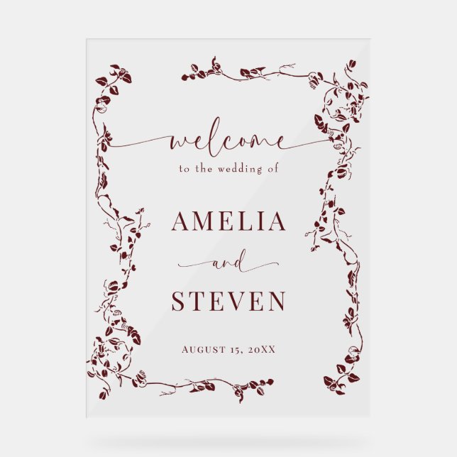 Elegant Floral Leaf Classic Wedding  Acrylic Sign (Front)