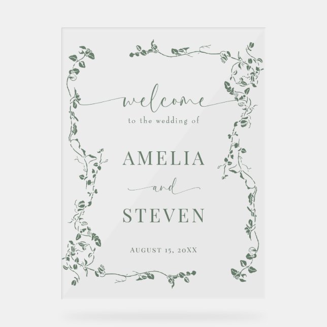 Elegant Floral Leaf Classic Wedding  Acrylic Sign (Front)
