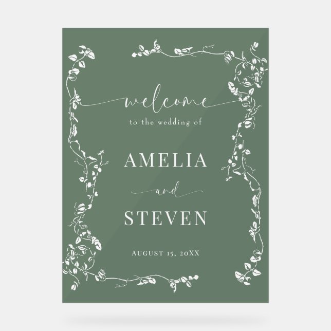 Elegant Floral Leaf Classic Wedding  Acrylic Sign (Front)