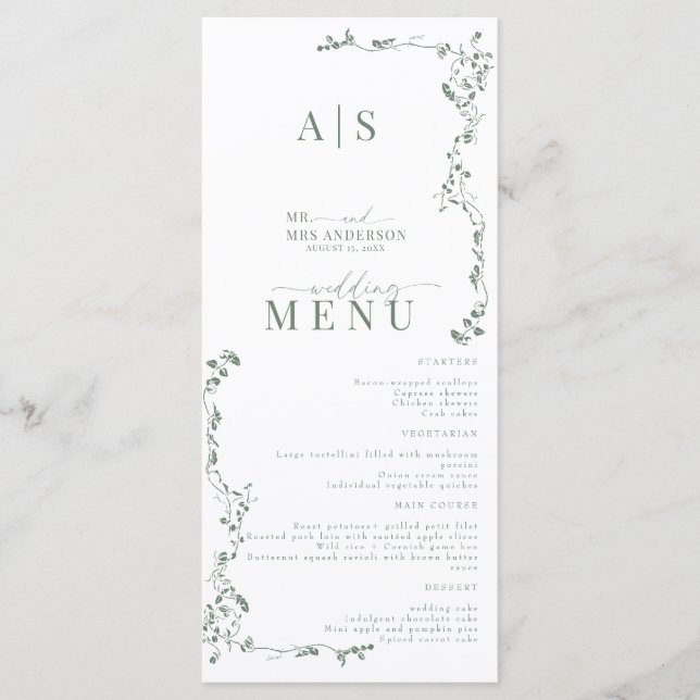 Elegant Floral Leaf Classic Wedding  Menu (Front)